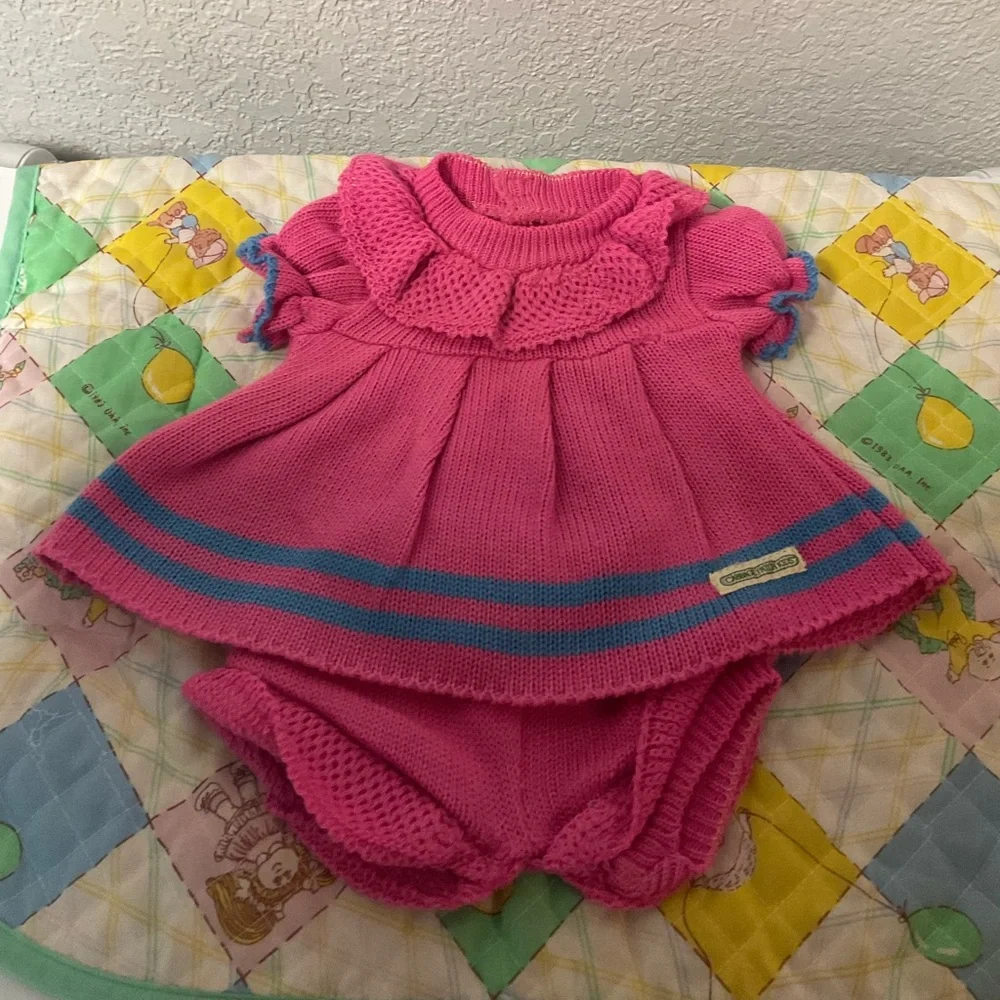 VTG JESMAR-Made in Spain Cabbage Patch Kid Doll: Pink Sweater Dress & Bloomers